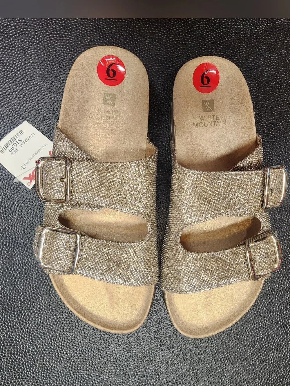 Sz 6 White Mountain Gold Glitter Double Buckle Slide Sandals.